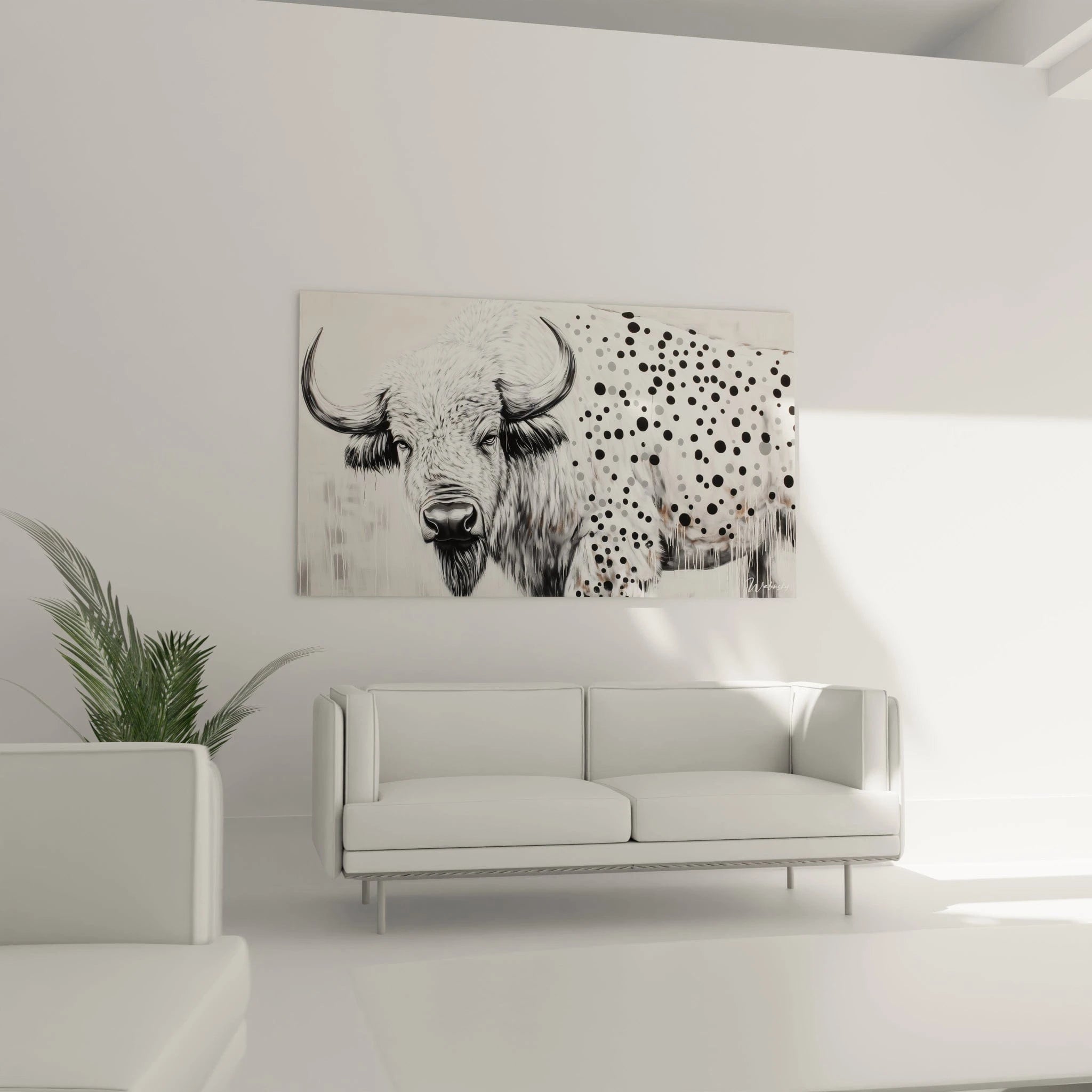 Tableau noir et blanc d'un bison africain par Walensky, décor moderne pour le salon
