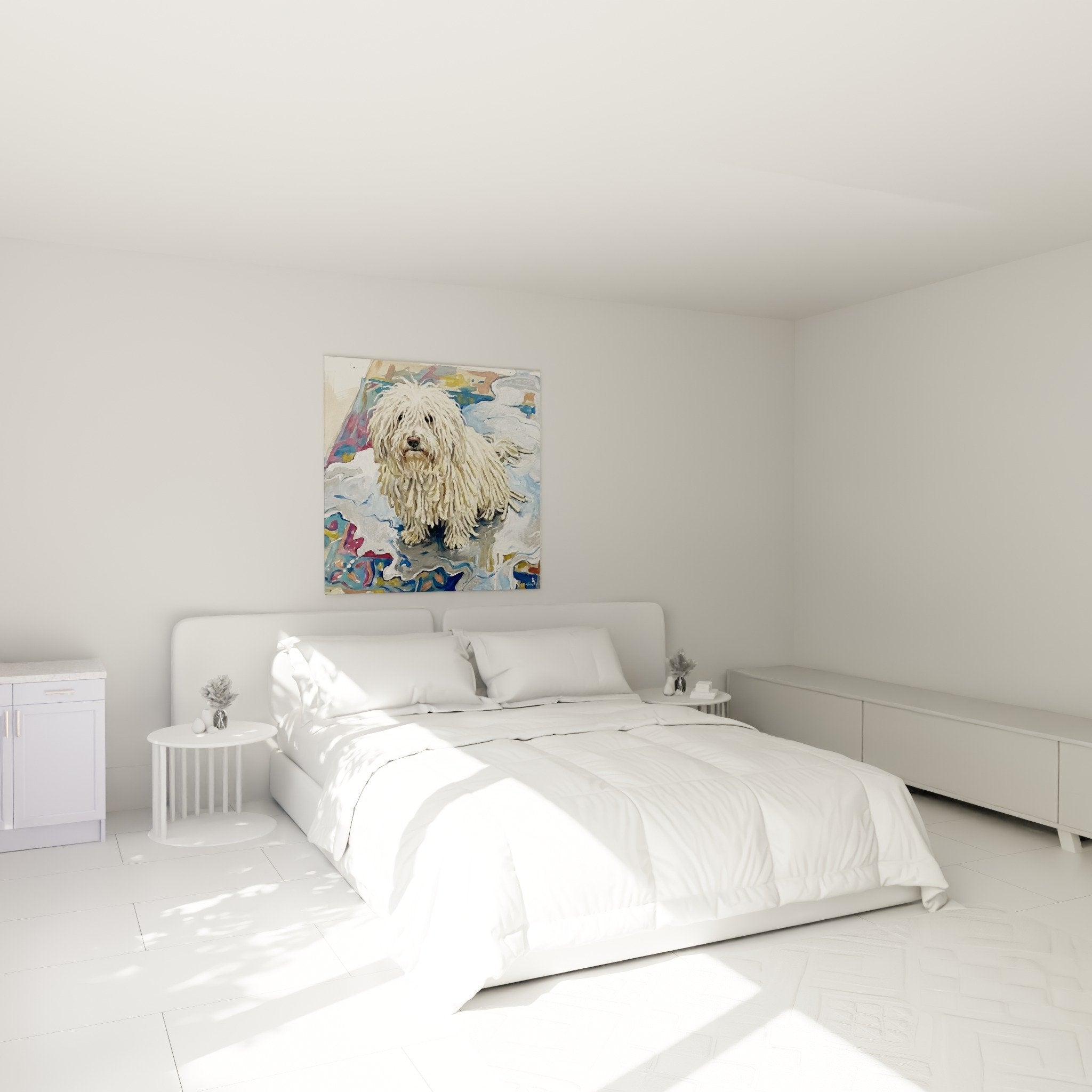 Quadro Puli in camera decorazione murale cane pelo lungo bianco arte moderna canina
