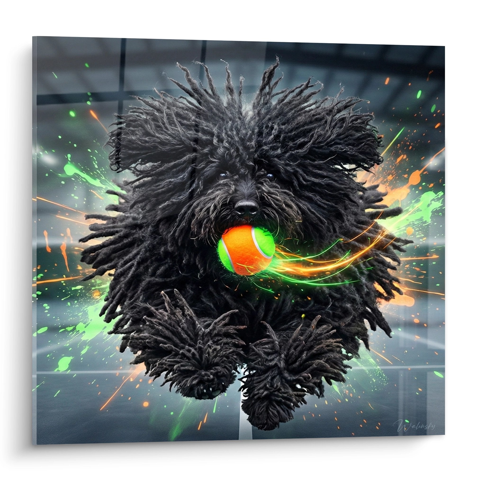 Tableau d'un Puli aux dreadlocks noires tenant une balle orange et verte avec effets lumineux spectaculaires