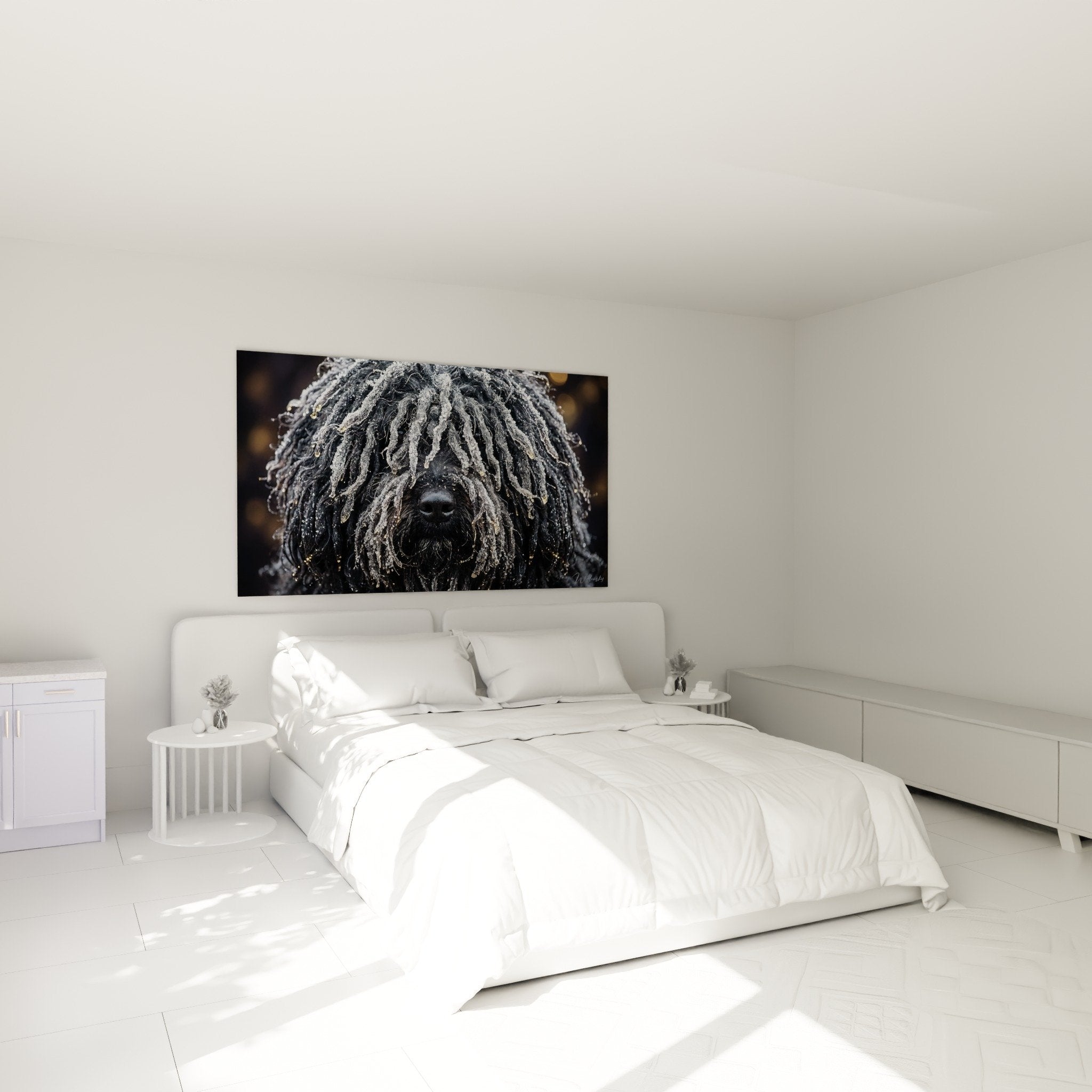 Tableau puli givré décorant chambre moderne murs clairs ambiance zen portrait chien cordelettes glacées