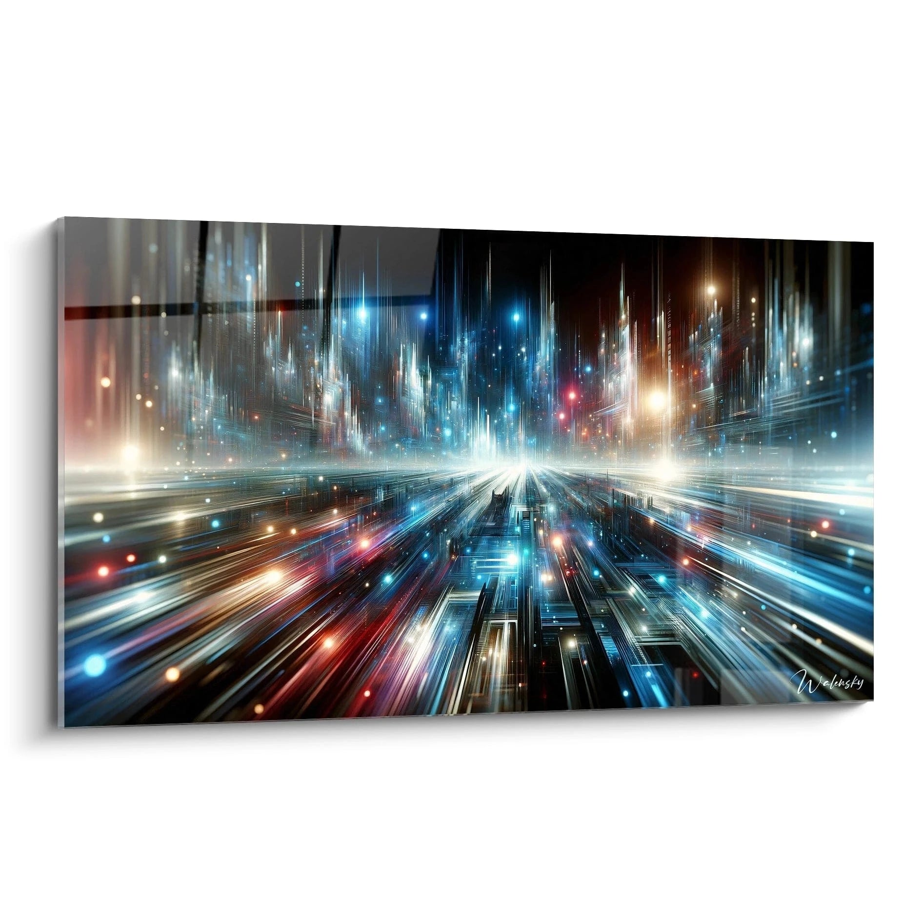 Tableau abstrait représentant une ville futuriste en perspective accélérée. Composition avec lignes lumineuses convergeant vers un point central. Dominantes de bleu électrique, rouge, blanc brillant et ambre sur fond noir. Texture combinant traînées lumineuses horizontales et structures verticales créant un effet de vitesse et de profondeur urbaine.