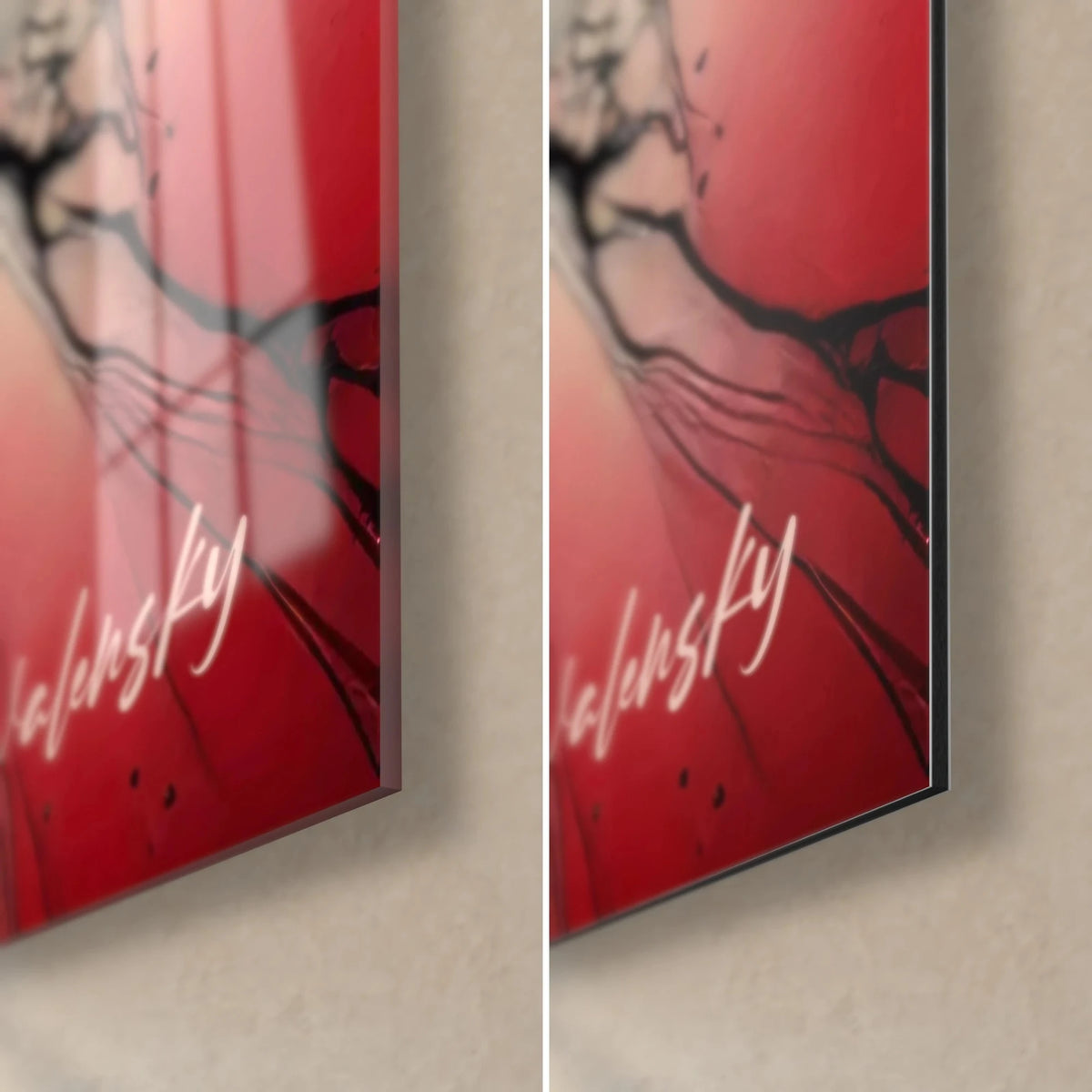 Wall art with scarlet red and deep black marbling, bottom right corner: glossy acrylic glass with reflections, matte grey Dibond, 3 mm edge
