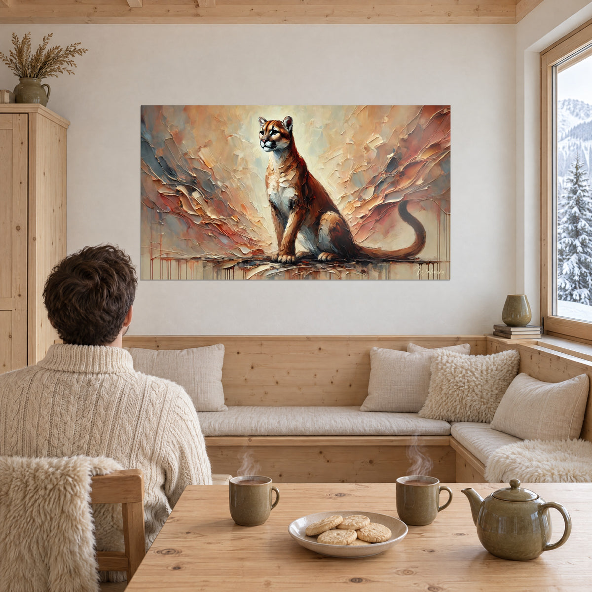 Schilderij oprijzende bergleeuw, lichtroze snuit, roze en blauwgrijze verfspatten, koppel van achteren op een houten hoekbank