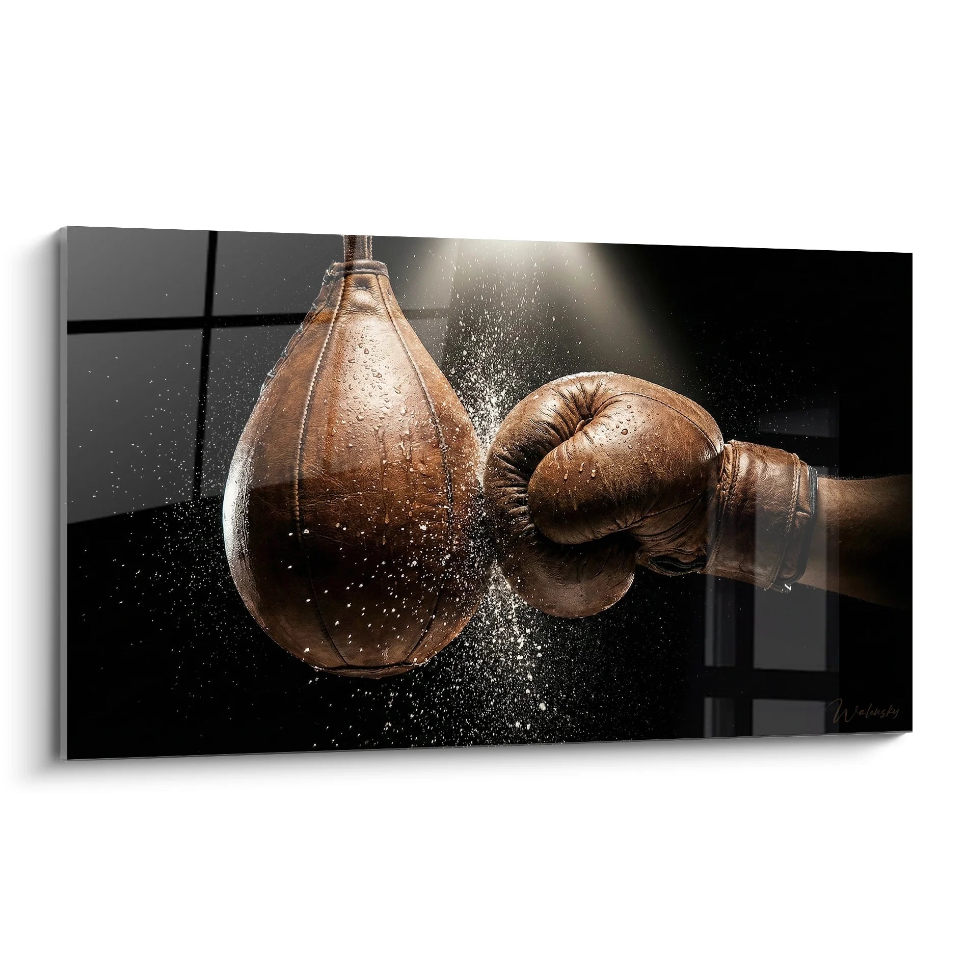 Tableau punching ball vintage avec gant de boxe en cuir frappant sac de frappe - décoration boxe
