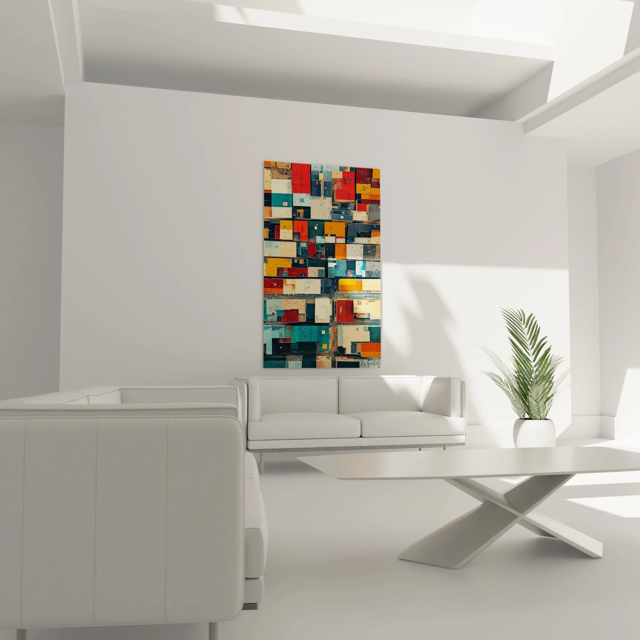 Tableau cubisme abstrait de Walensky avec des formes colorées, parfait pour décorer un espace moderne