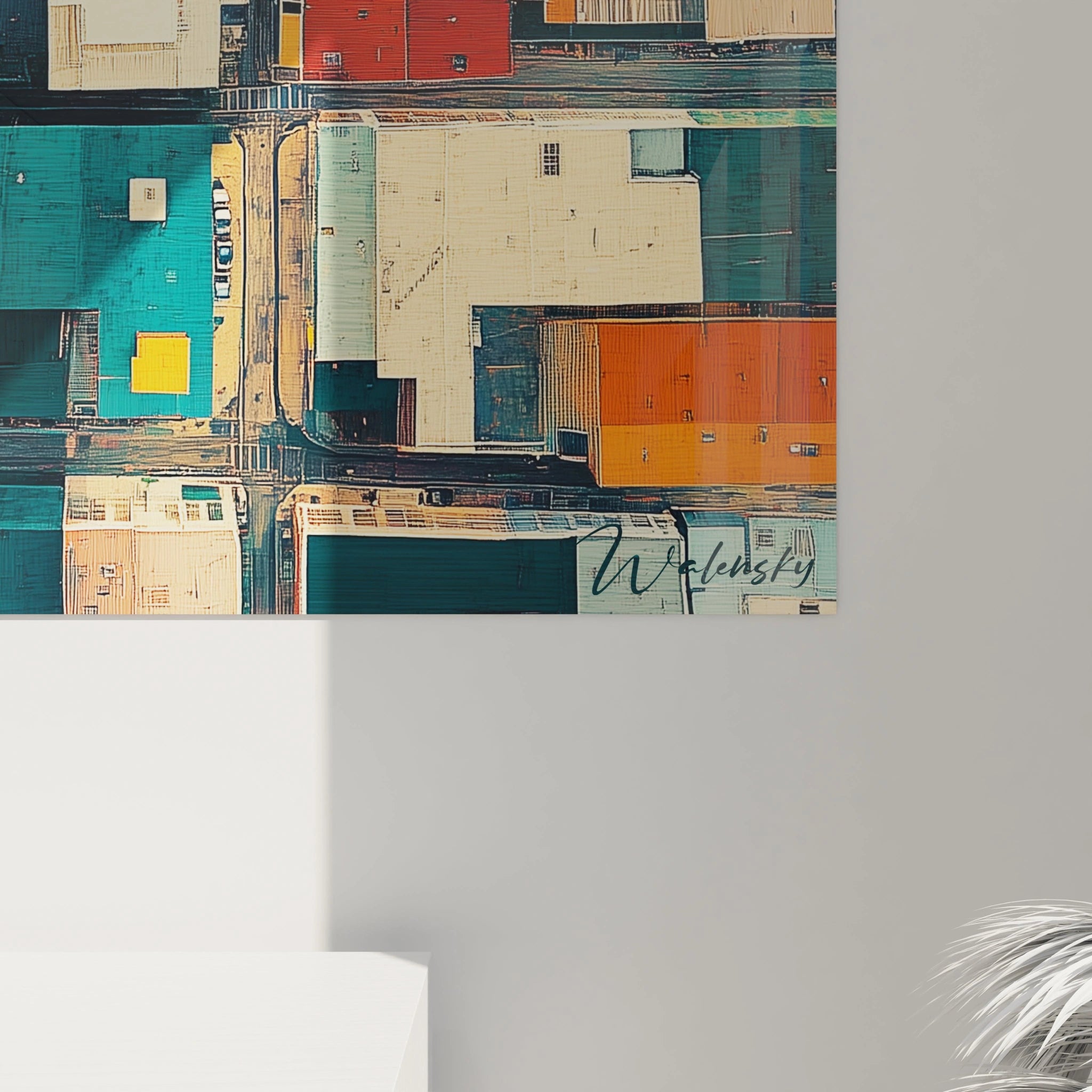 Tableau cubisme abstrait de Walensky représentant une vue aérienne colorée des bâtiments urbains