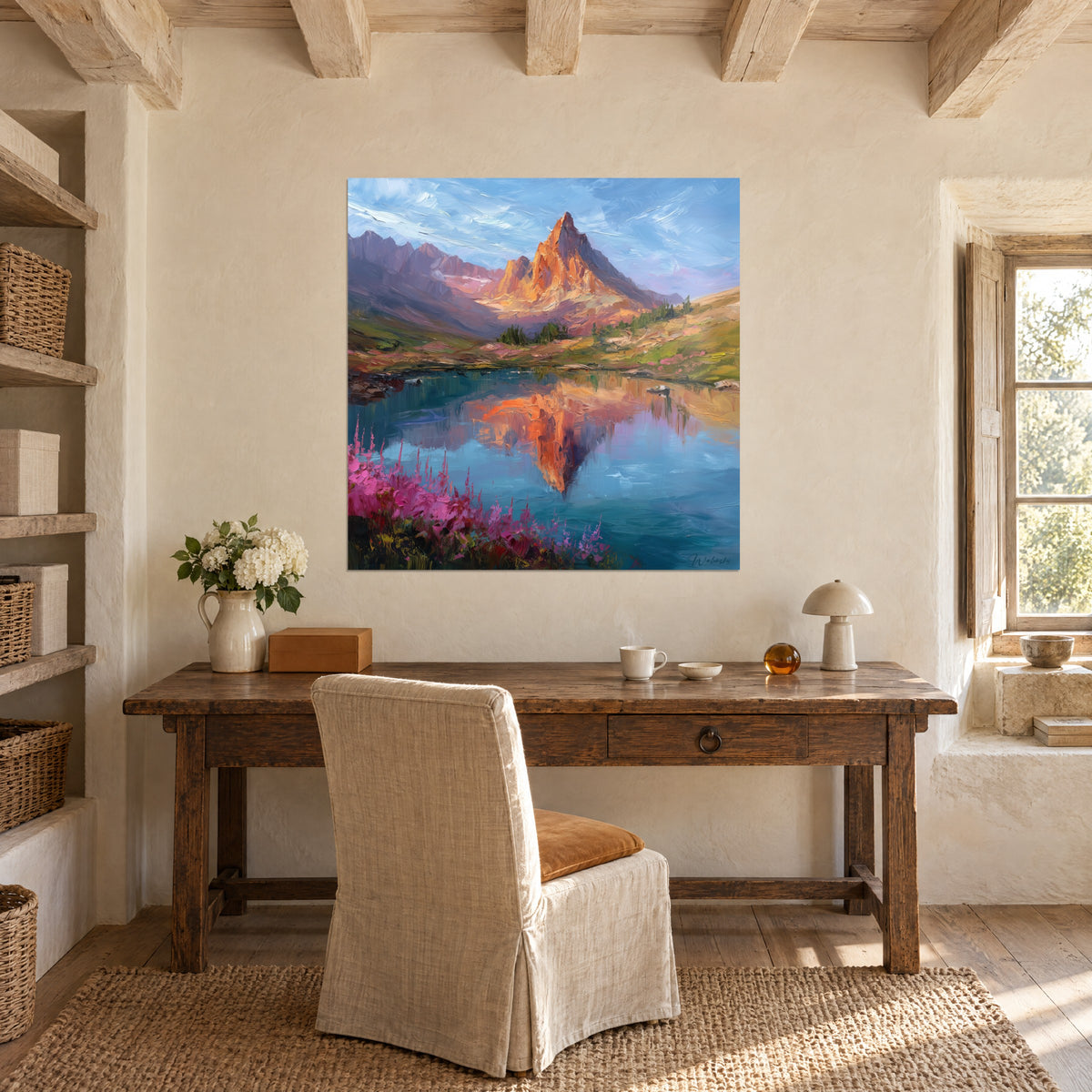 Gemälde einer rosa und orangefarbenen Hochgebirgslandschaft, kobaltblauer See, grüne Wiese, über einem Holzschreibtisch in einem hellen Raum gehängt