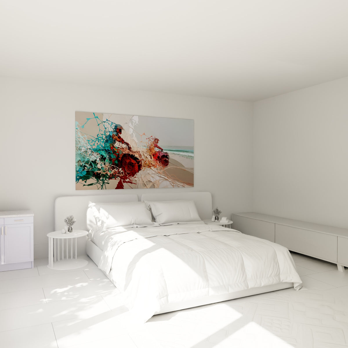Éclaboussures de rouge et de bleu sarcelle formant un quad abstrait, au-dessus d'un lit dans une chambre claire