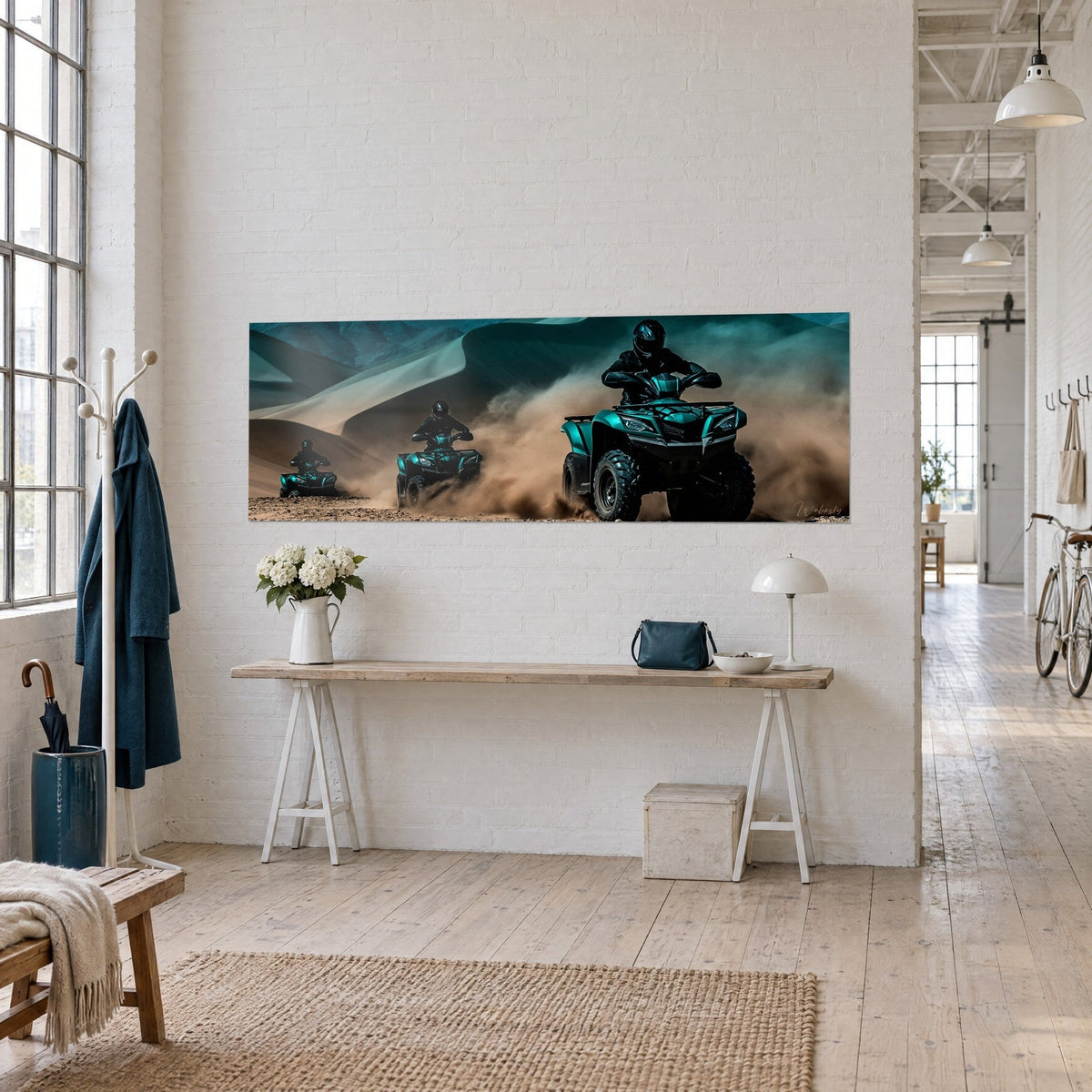 Wall art column of black and turquoise off-road vehicles, a cloud of brown sand kicked up, three-quarter view on a console