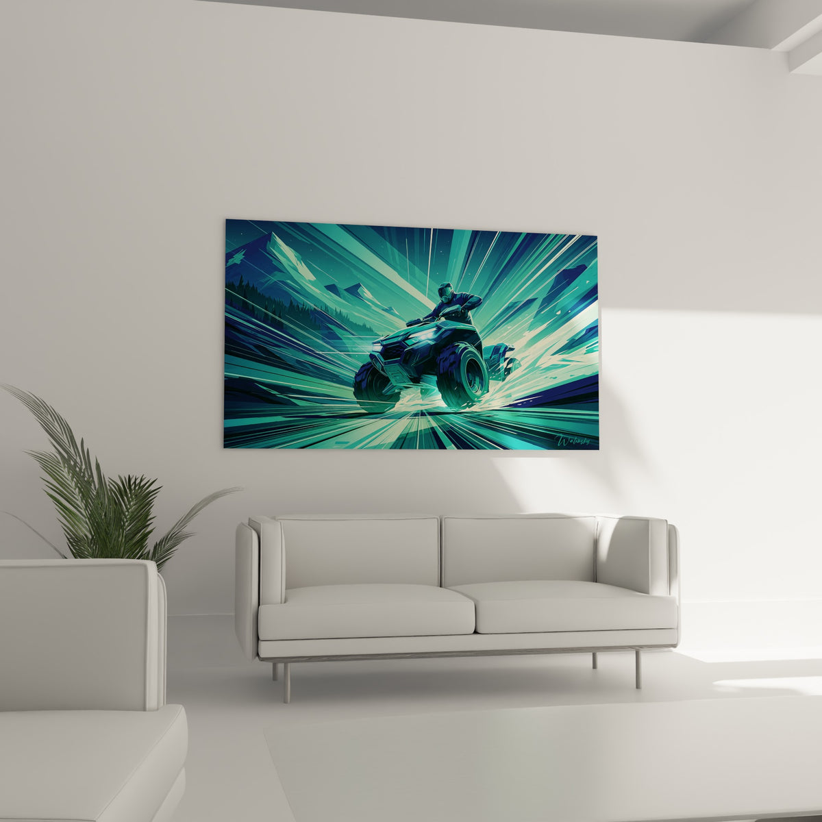Course de quad bleu marine et turquoise, suspendue au-dessus d'un canapé dans un salon lumineux