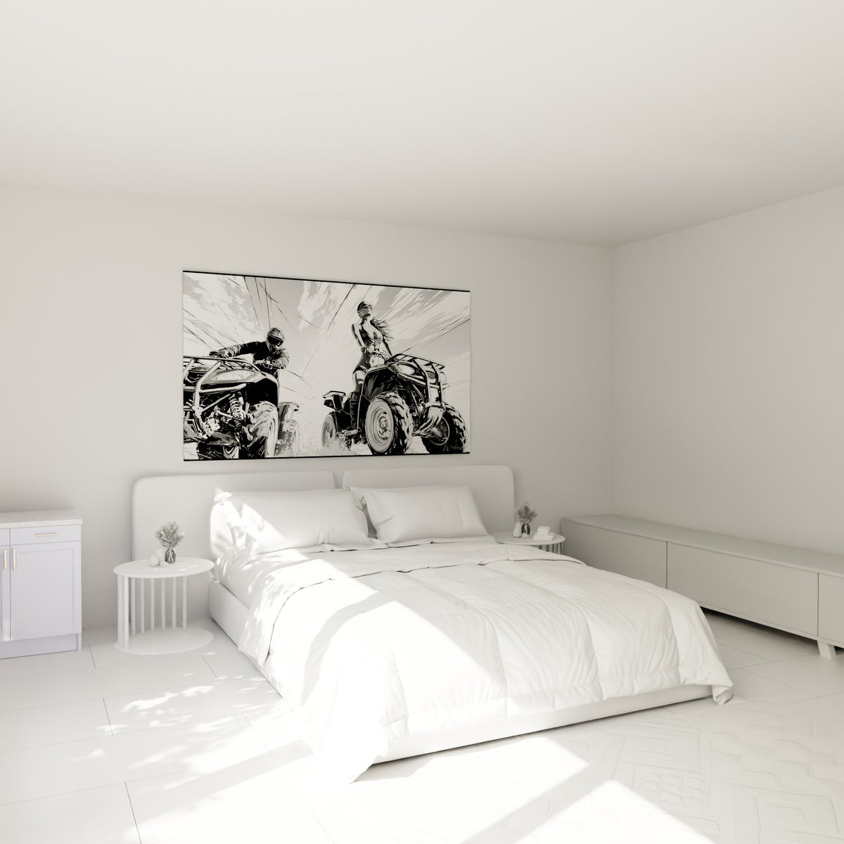 Pilotes de quad anthracite et blanc lancés en pleine course, accrochés au-dessus d'un lit dans une chambre claire