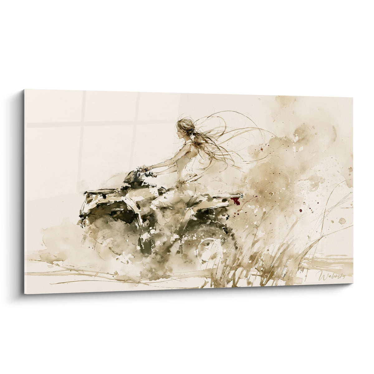 Cavalière sur quad brun et beige, cheveux au vent, aquarelle sépia expressive et poussière ocre