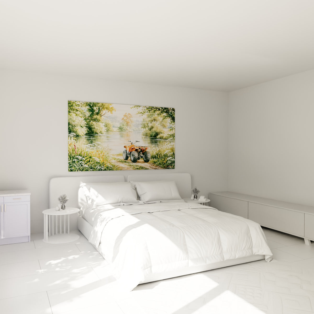 Quatre-roues orange en aquarelle sur une berge fleurie, accroché au-dessus d'un lit dans une chambre claire