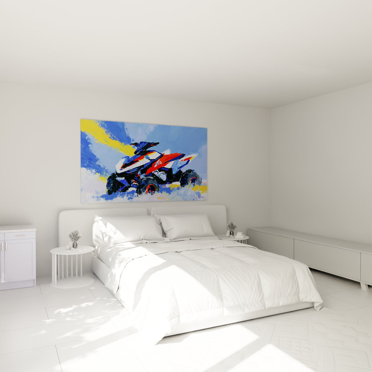 Engin tout-terrain rouge et bleu, mouvement suspendu, accroché au-dessus d'un lit dans une chambre claire
