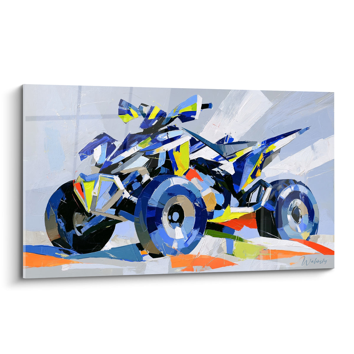 Quad bleu marine et jaune fluo aux touches orangées, technique de peinture au couteau sur fond gris clair