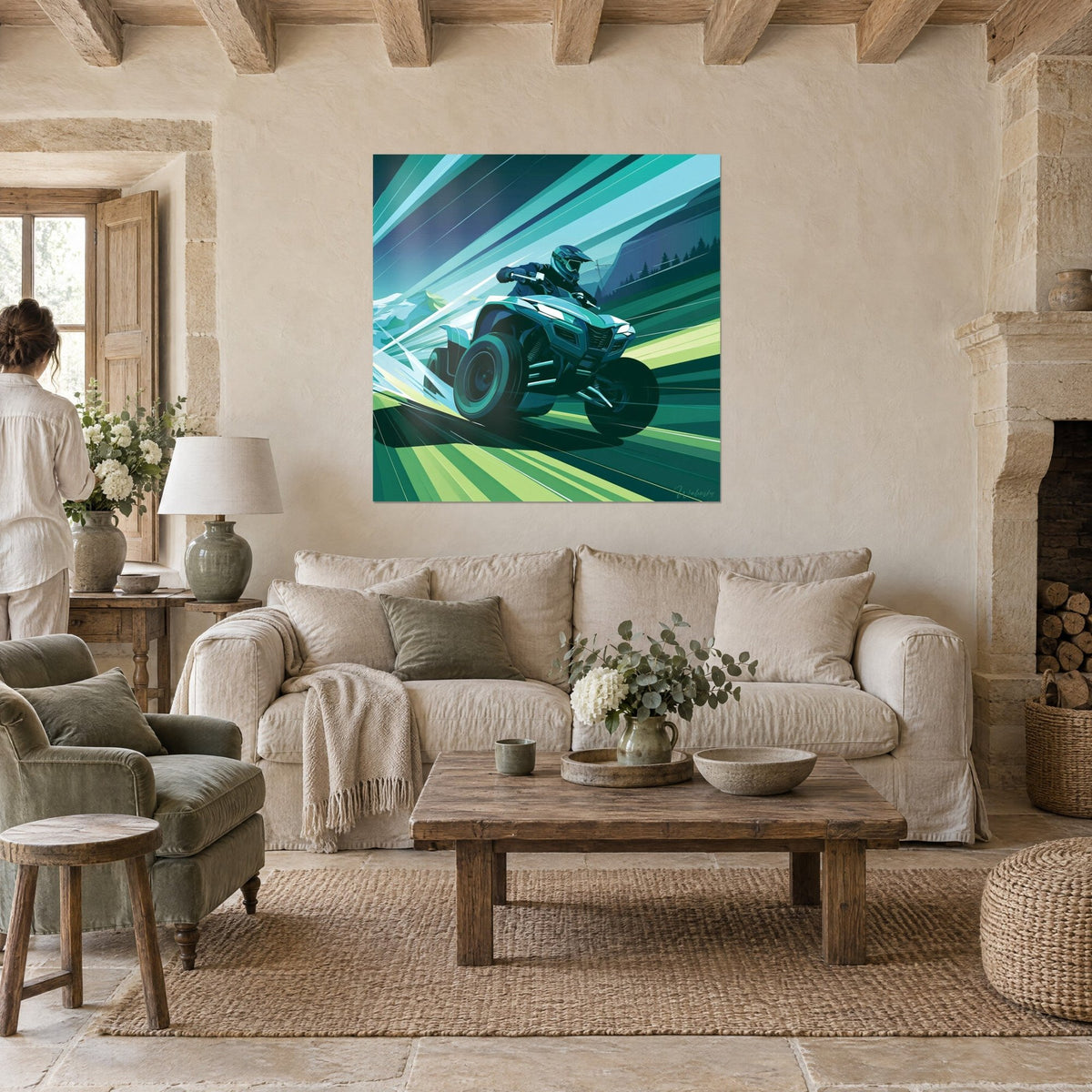 Wall art of a helmeted quad rider at full speed, green and blue light streaks, framed on a cream wall above a sofa in a bright living room