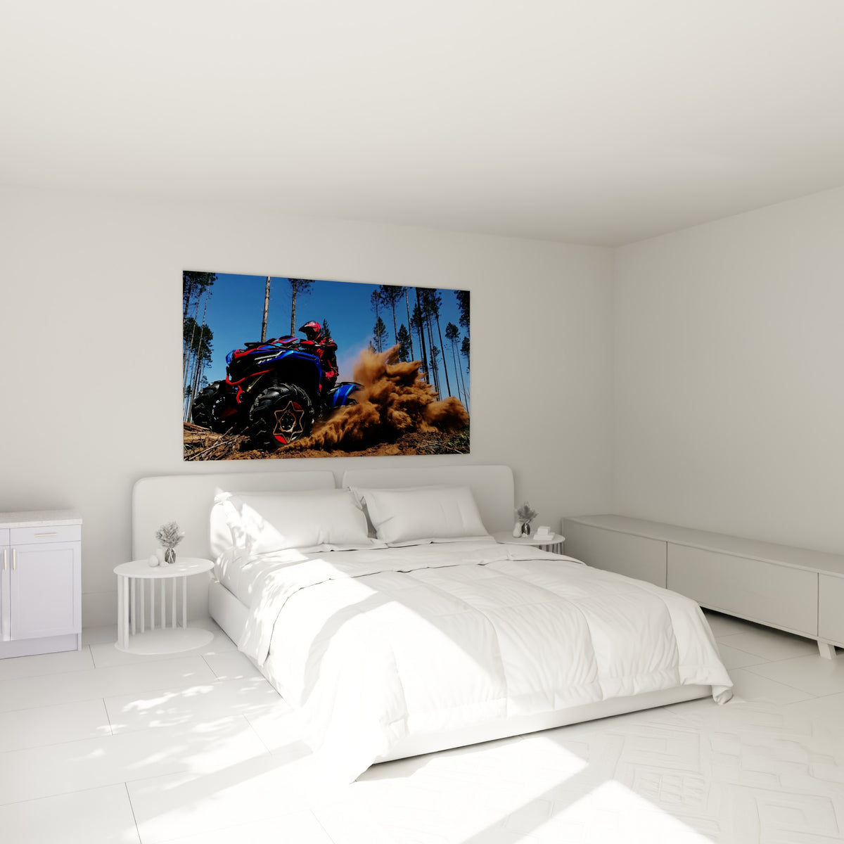 Pilote en action sur quad bleu électrique et terre ocre, au-dessus d'un lit dans une chambre claire