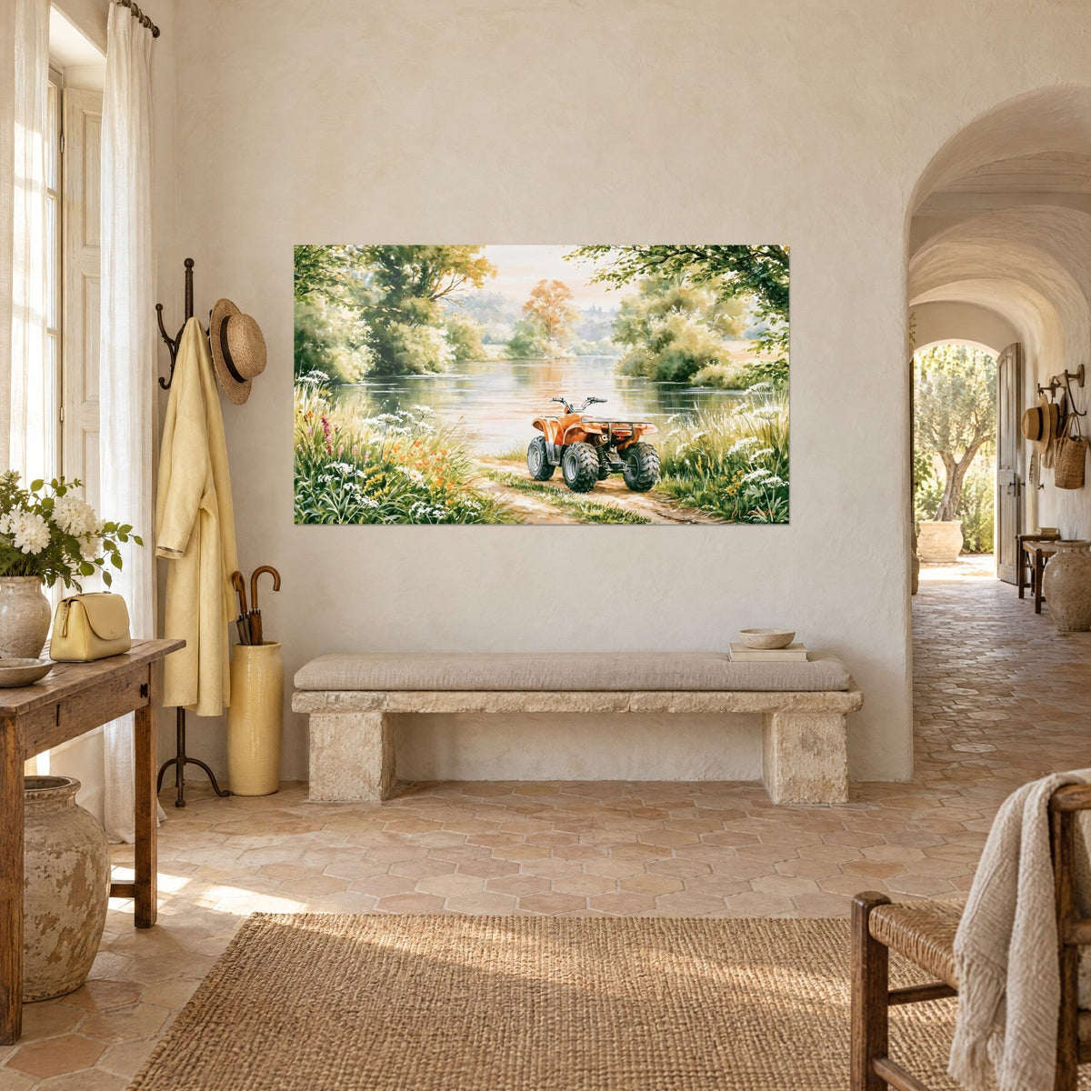 Wall art: rusty quad bike at the water's edge, white umbels and orange poppies, three-quarter view in a Provençal farmhouse