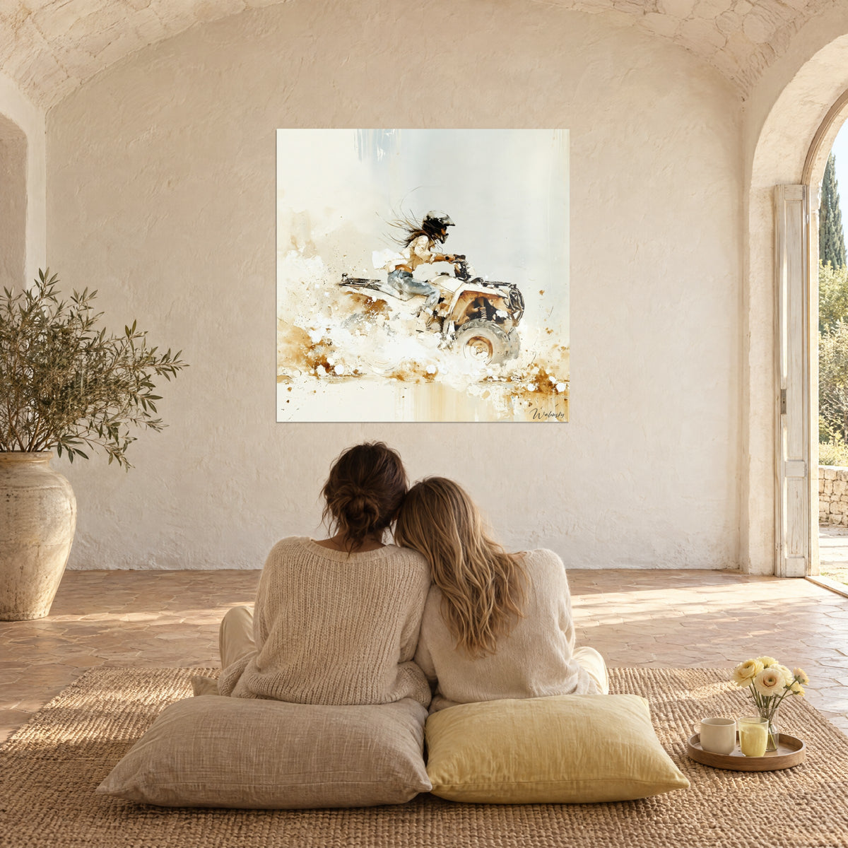 Wall art quad racing through clouds of golden earth, helmeted silhouette on an ivory background, two people seen from behind seated on beige cushions