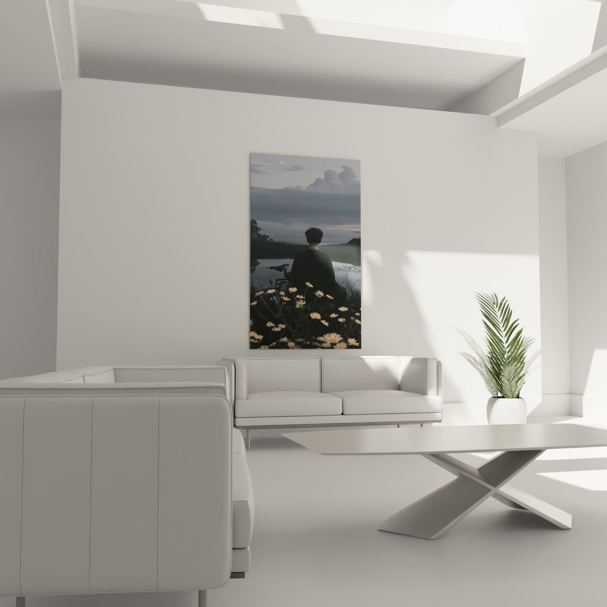 Instant méditatif sur un quad au bord d'un lac, ciel anthracite et marguerites crème, au-dessus d'un canapé dans un salon lumineux