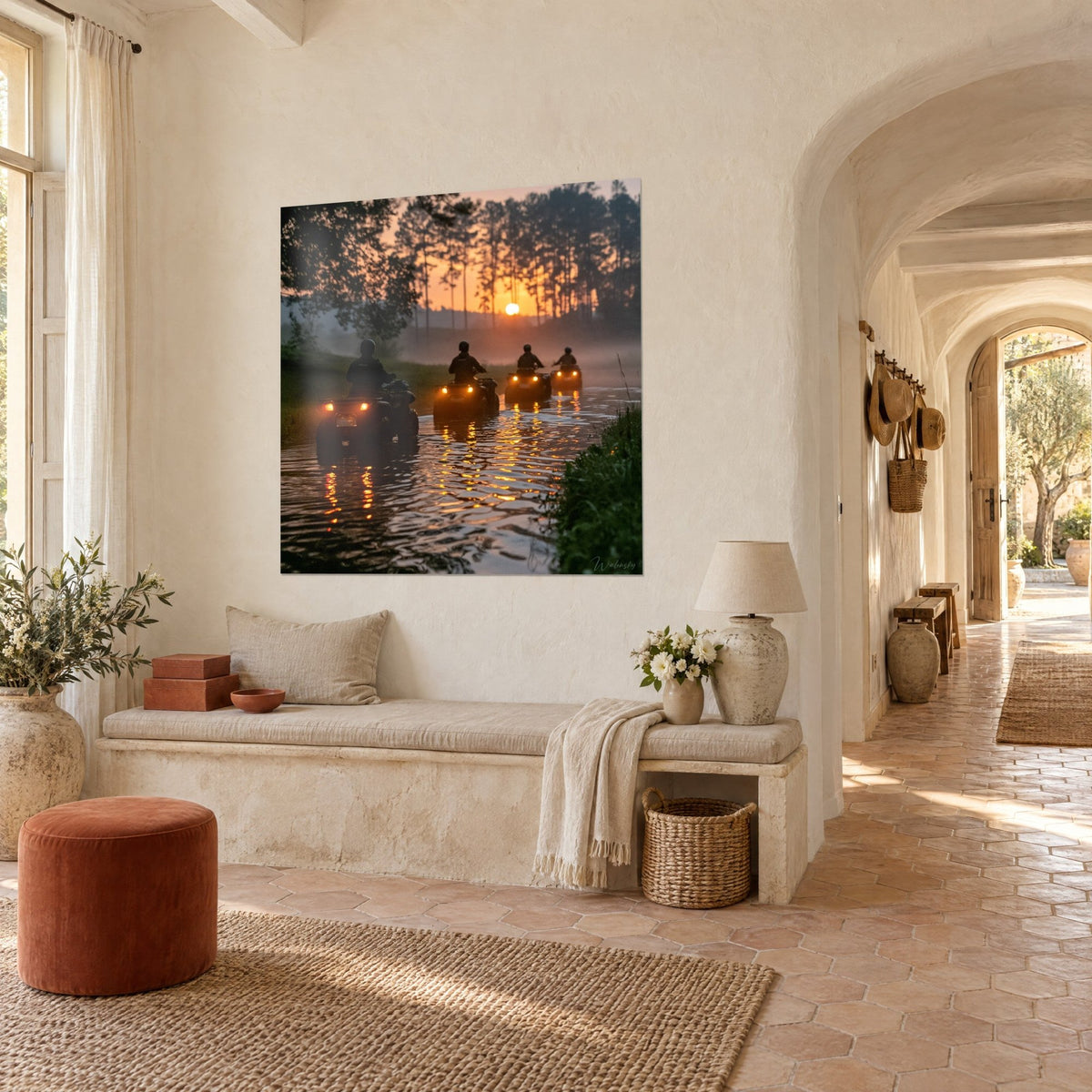 Wall art convoy of off-road bikes with amber headlights on dark water, golden sky, three-quarter view in a vaulted hallway