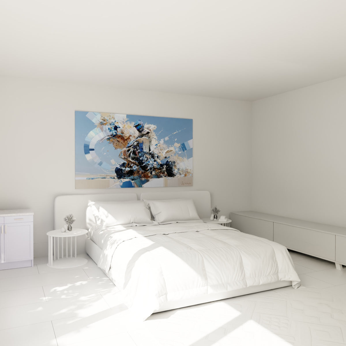 Course de quad en bleu pastel et beige sable, accrochée au-dessus d'un lit dans une chambre claire