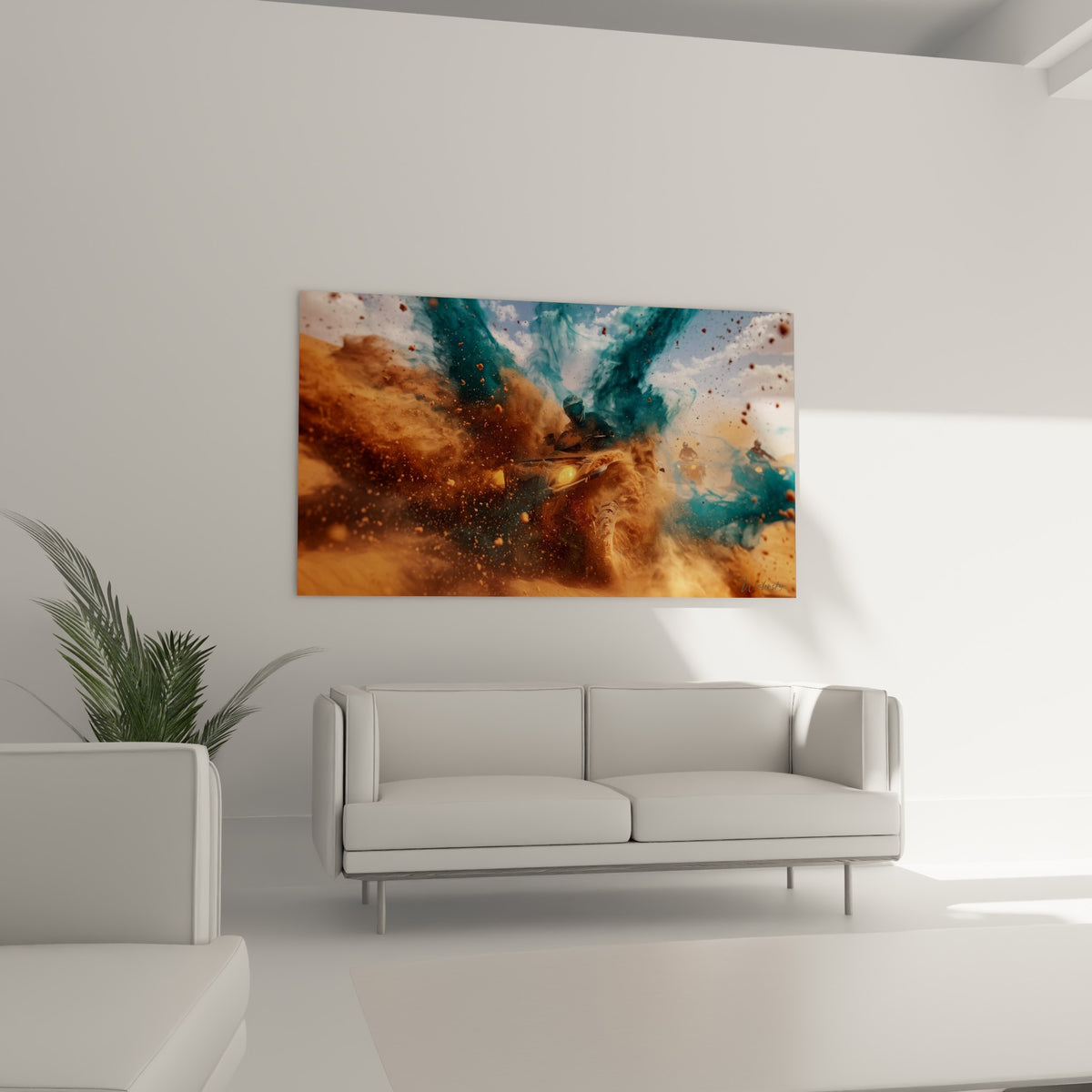 Course de quad dans la poussière dorée et fumée bleutée, tableau au-dessus d'un canapé dans un salon lumineux