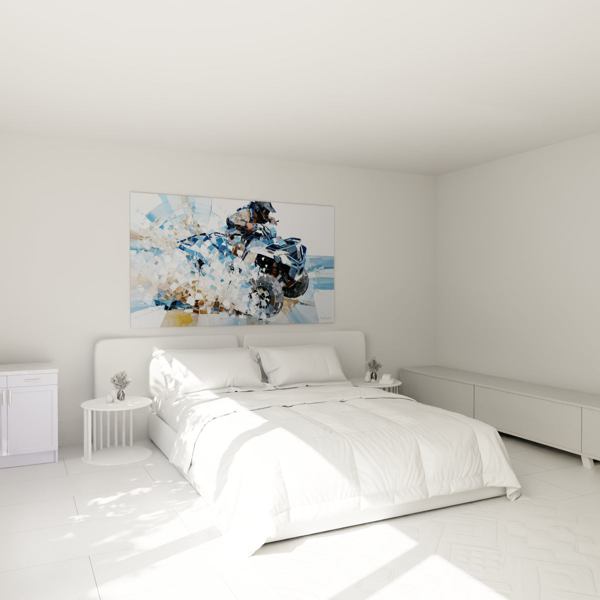 Quad fragmenté en bleu marine et ocre, accroché au-dessus d'un lit dans une chambre claire