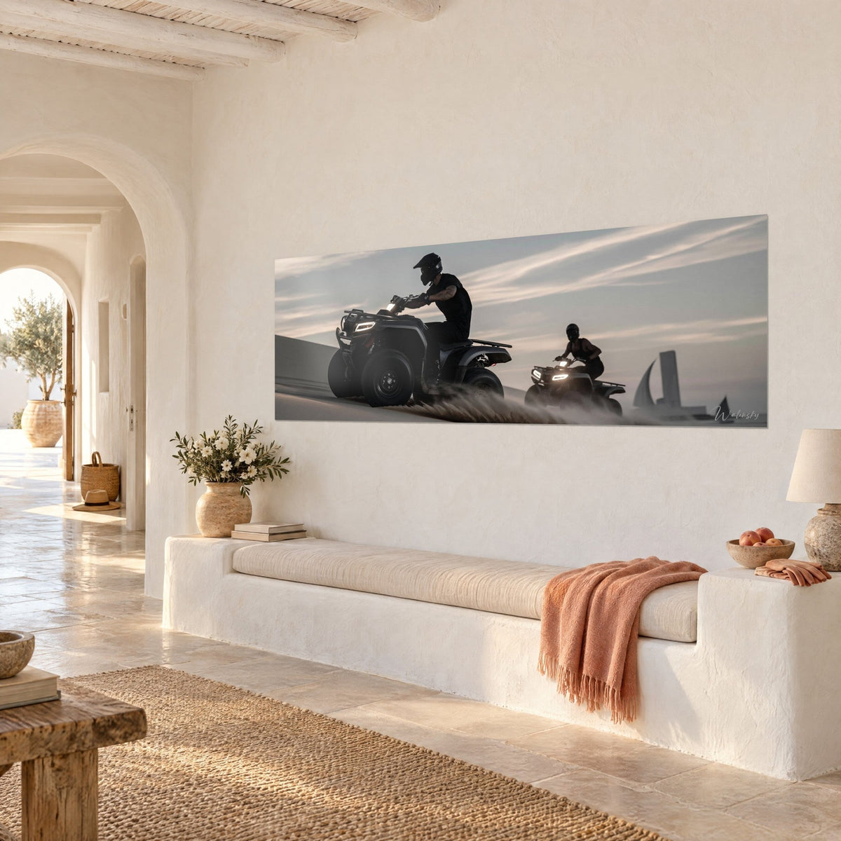 Wall art rider in black gear on an off-road vehicle, beige dune crest and pearl grey sky, three-quarter view on a white wall