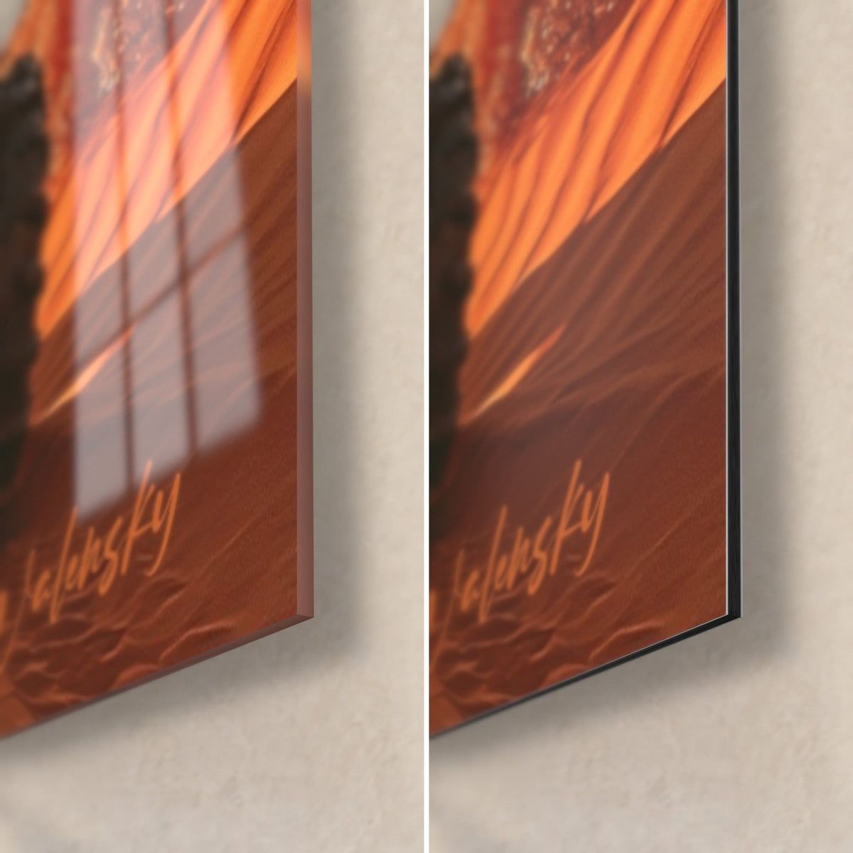 Tableau pilote de quad, coin bas droit : verre acrylique brillant aux reflets de fenêtre, Dibond mat brun-orangé, tranche de 3 mm