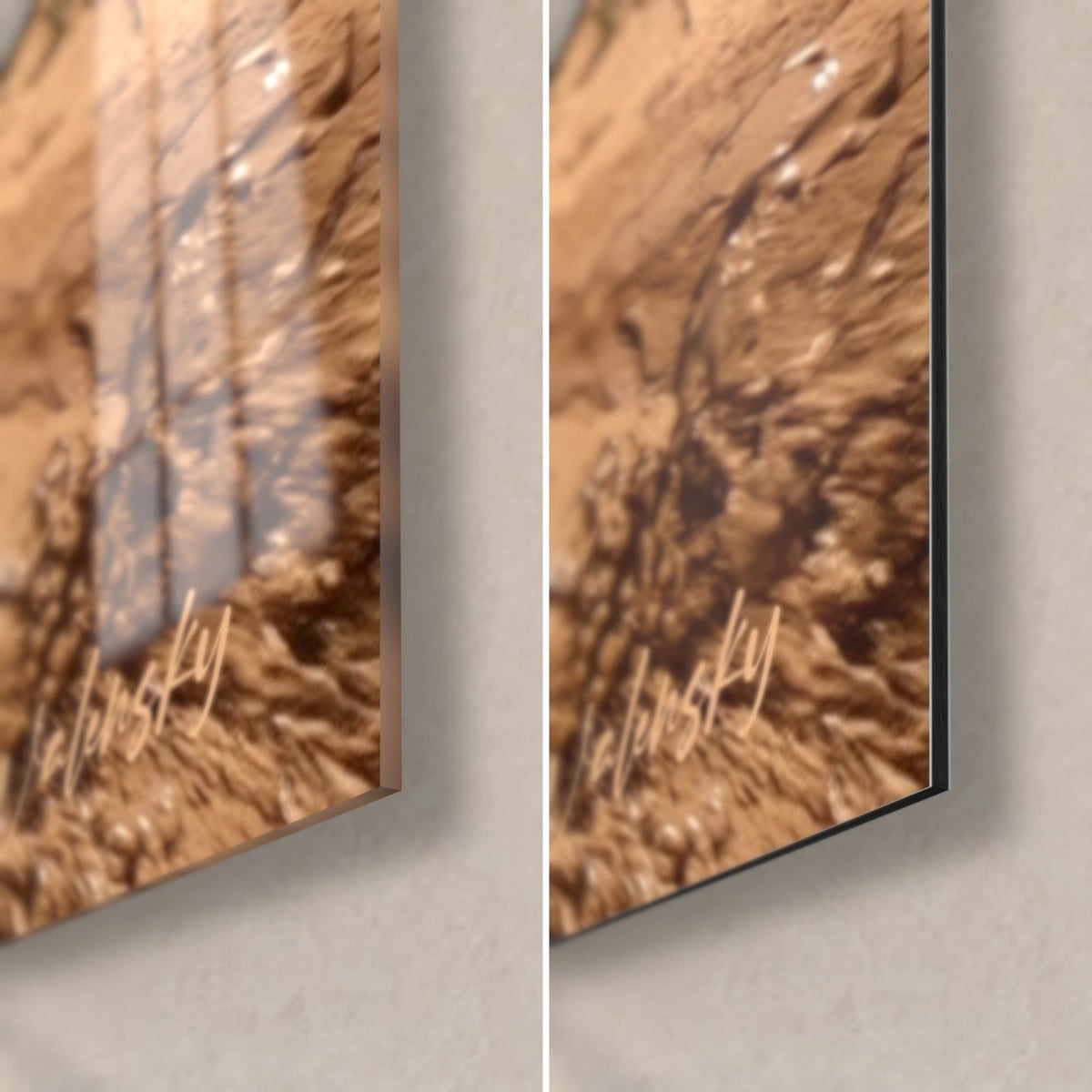 Wall art of a muddy quad bike, orange-brown earth spray and black knobby tyre, bottom-right corner in glossy glass and matte Dibond aluminium