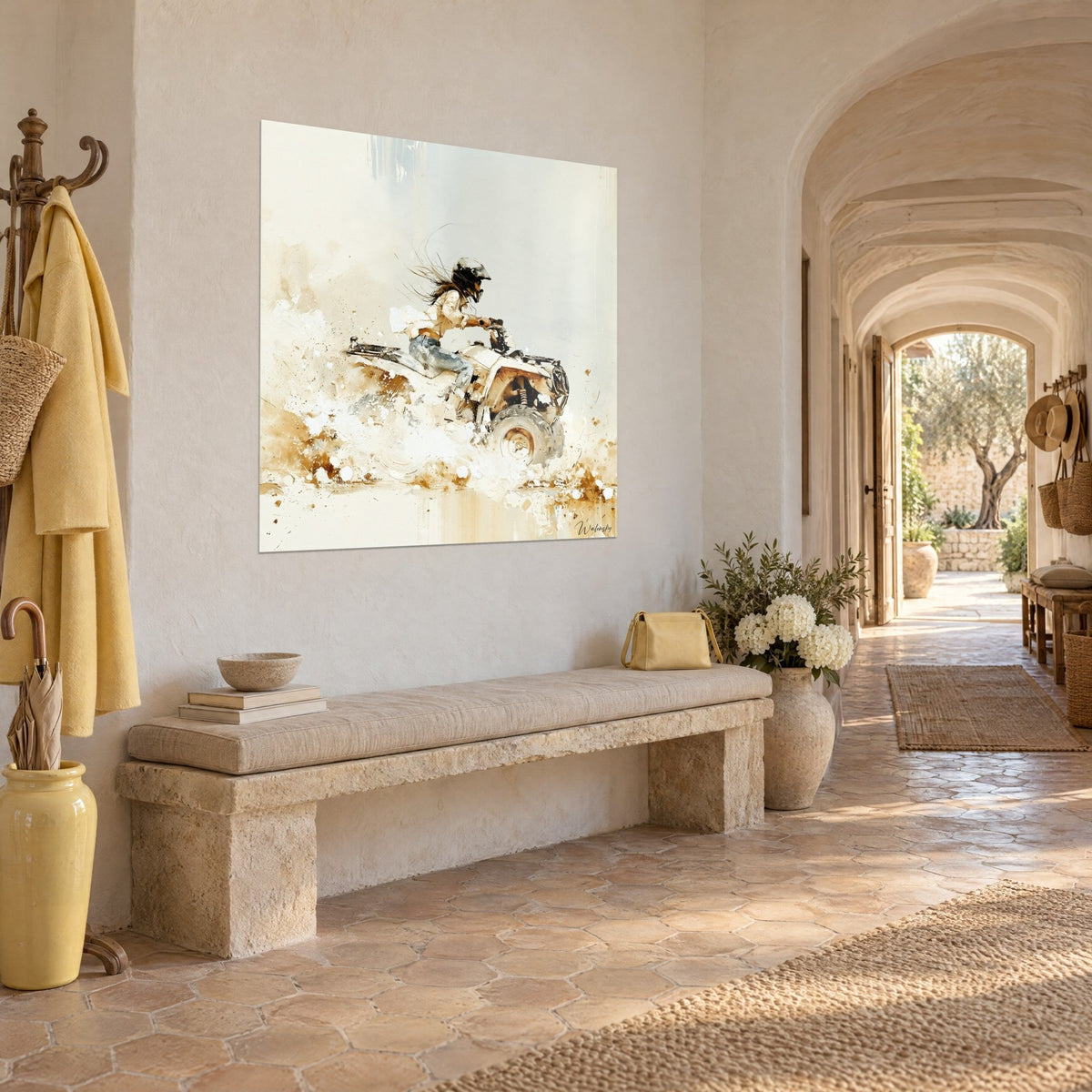 Wall art cream off-road vehicle roaring through a cloud of golden and white dust, on the vaulted entrance wall of a Provençal farmhouse