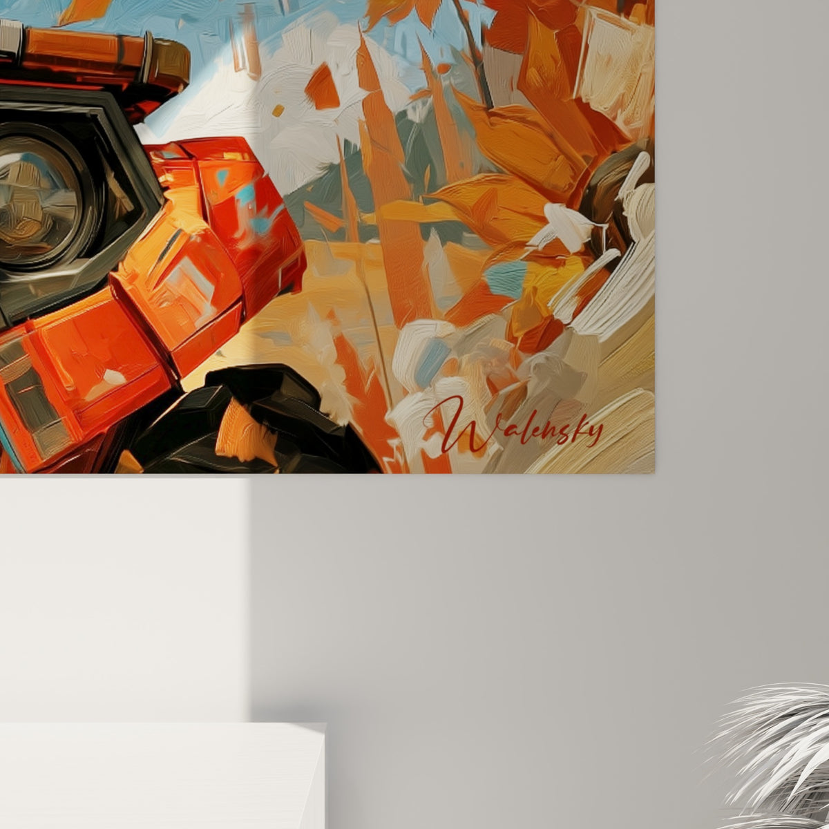 Empâtements orange et bleus visibles sur la toile, coulures de peinture sur le casque et les tournesols du tableau Quad