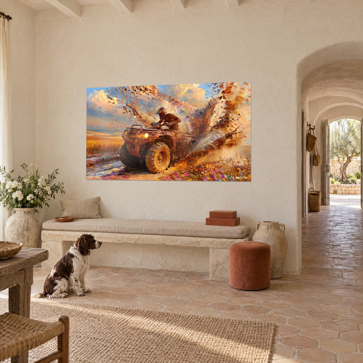 Wall art of a helmeted rider on his off-road vehicle, ochre splashes and pale blue sky, seated spaniel, bench of a Provençal farmhouse