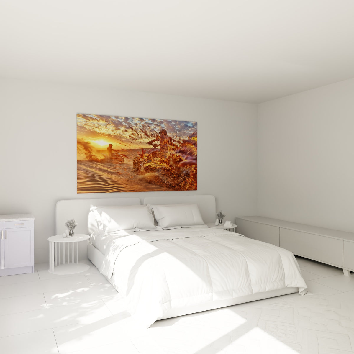 Pilote de quad terracotta jaillissant du sable, au-dessus d'un lit dans une chambre claire