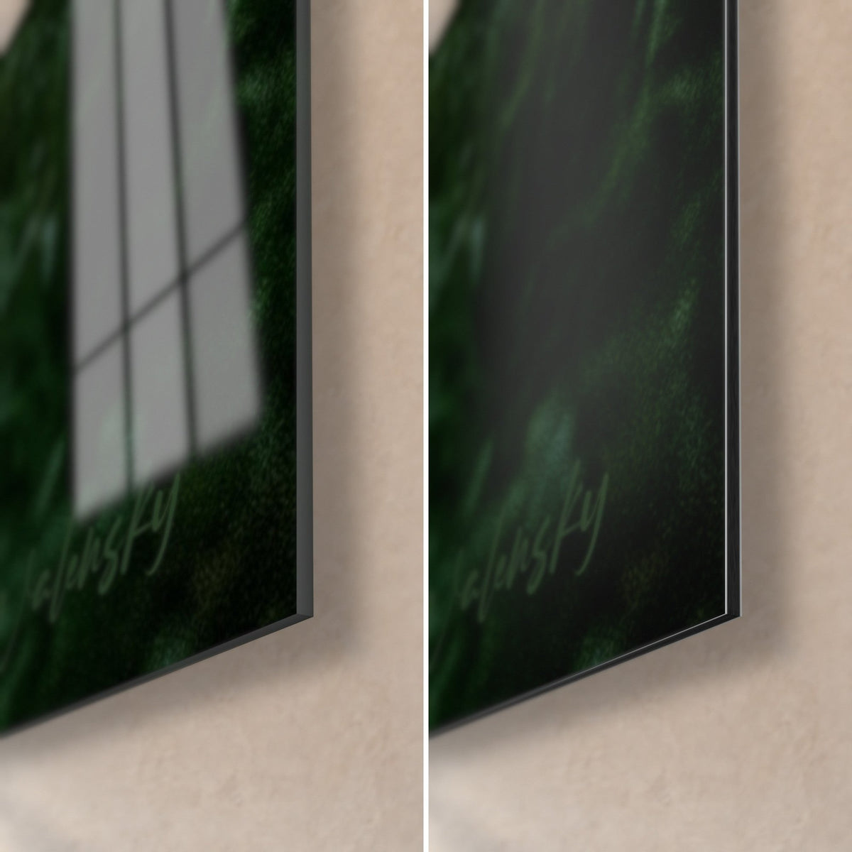 Wall art quads in a golden ford, bottom right corner, 3 mm edge: glossy acrylic glass on the left, matte Dibond aluminium on the right