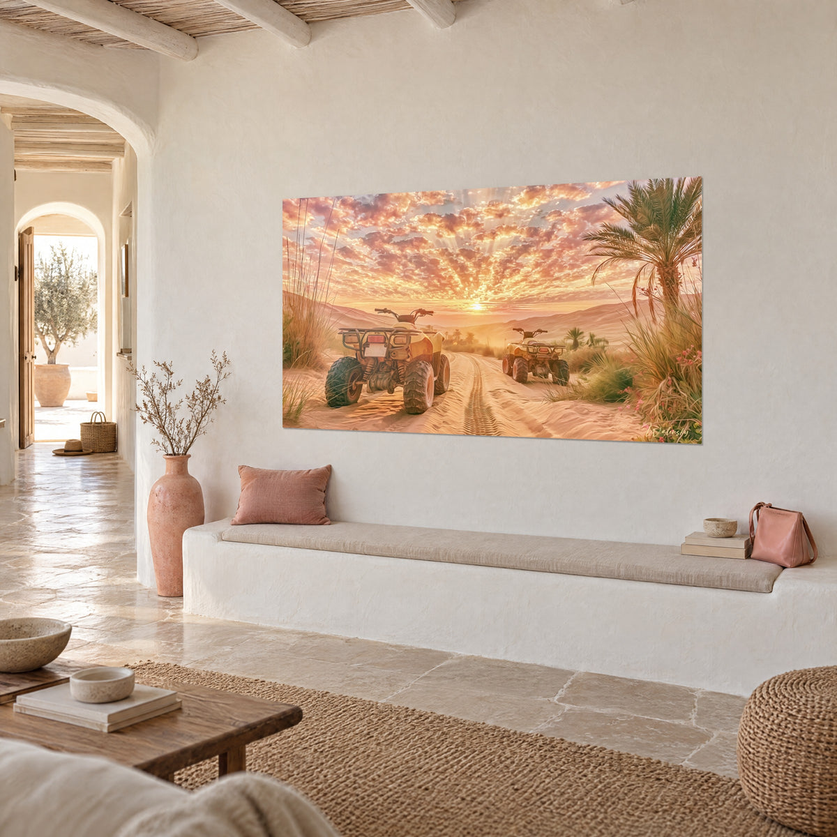 Wall art ochre track carved with tire marks toward an orange horizon, green palm tree on the right, in a white living room in light stone