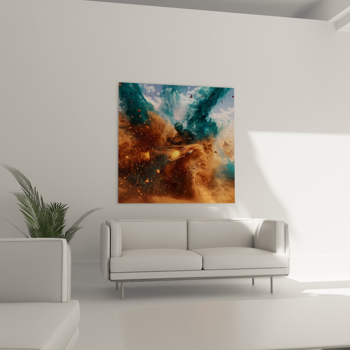 Phare doré d'un quad perçant la poussière orange et le voile bleu pétrole, au-dessus d'un canapé dans un salon lumineux