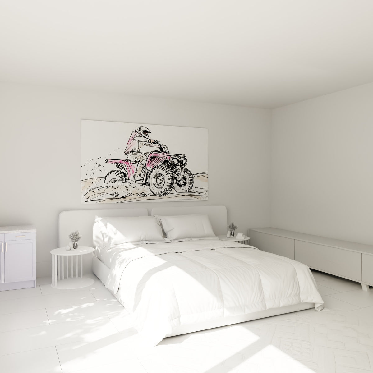Pilote de quad rose penché en avant, accroché au-dessus d'un lit dans une chambre claire