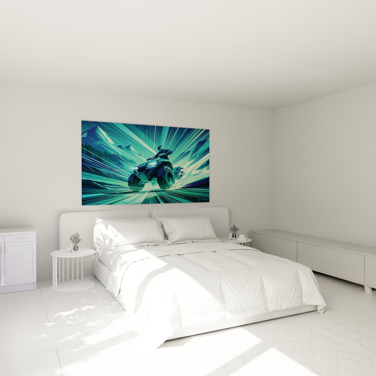Quad anthracite fendant la lumière turquoise, accroché au-dessus d'un lit dans une chambre claire