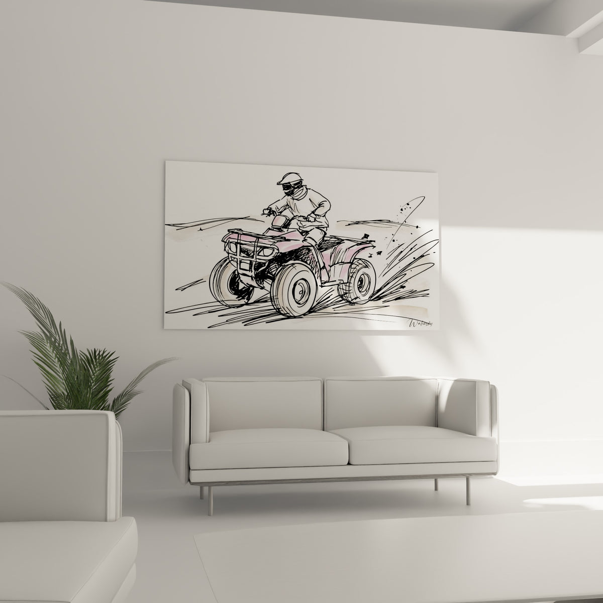 Pilote casqué sur quad rose et noir en plein virage, suspendu au-dessus d'un canapé dans un salon lumineux