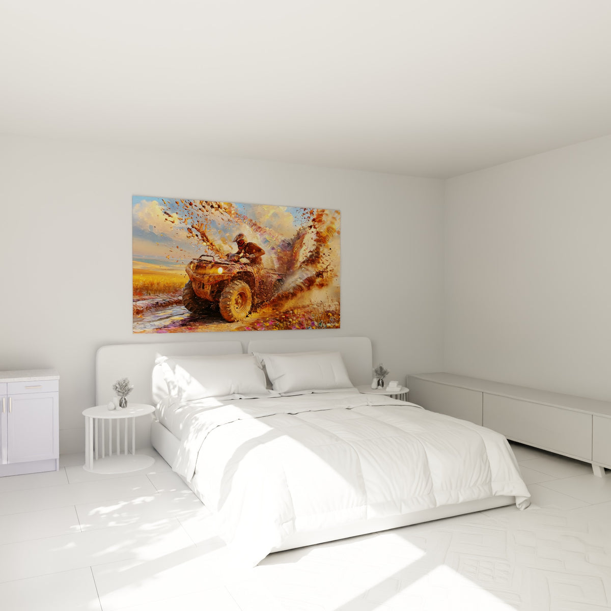 Quad fauve projetant de la boue dorée, accroché au-dessus d'un lit dans une chambre claire