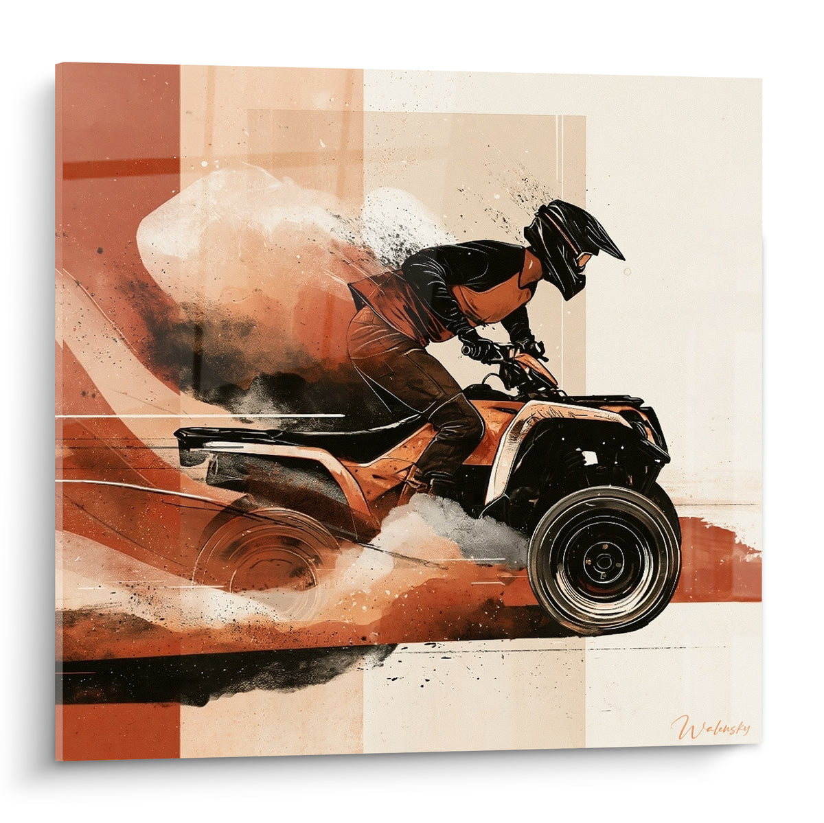 Pilote de quad casqué en noir et terracotta lancé dans un nuage de poussière ocre