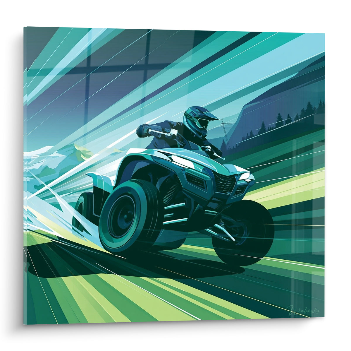 Pilote casqué anthracite sur quad vert émeraude, traits de vitesse bleu pétrole en fond montagneux