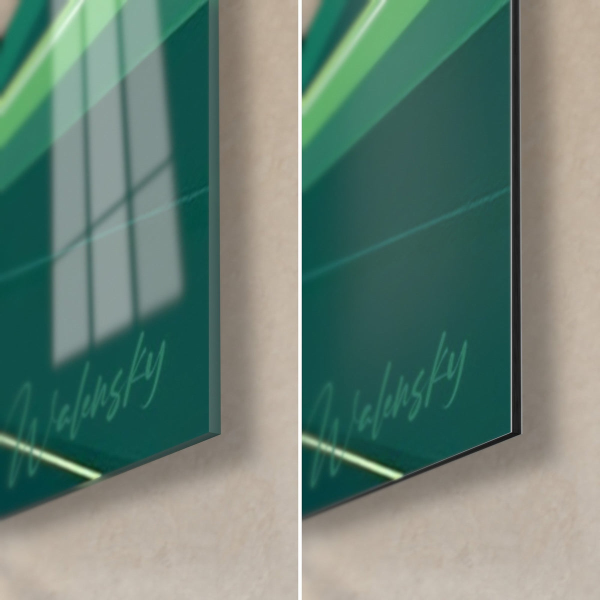 Wall art of a green and blue quad rider, bottom right corner: glossy acrylic glass with reflections, matte brushed Dibond aluminium, 3 mm edge