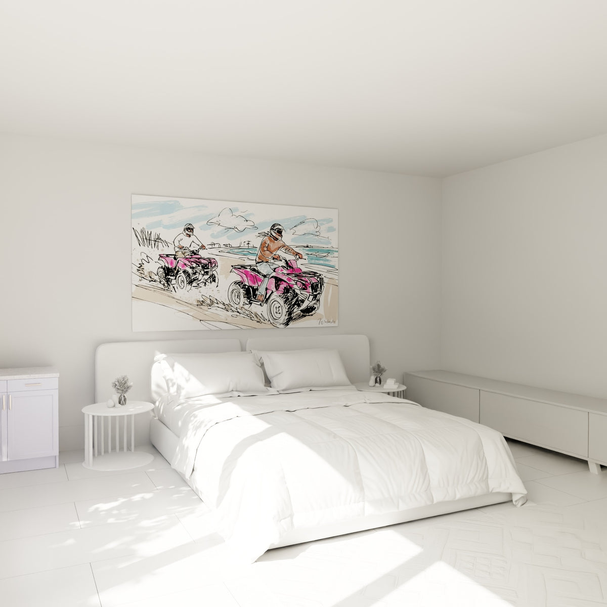Quads roses en pleine course sur sable clair, accrochés au-dessus d'un lit dans une chambre claire