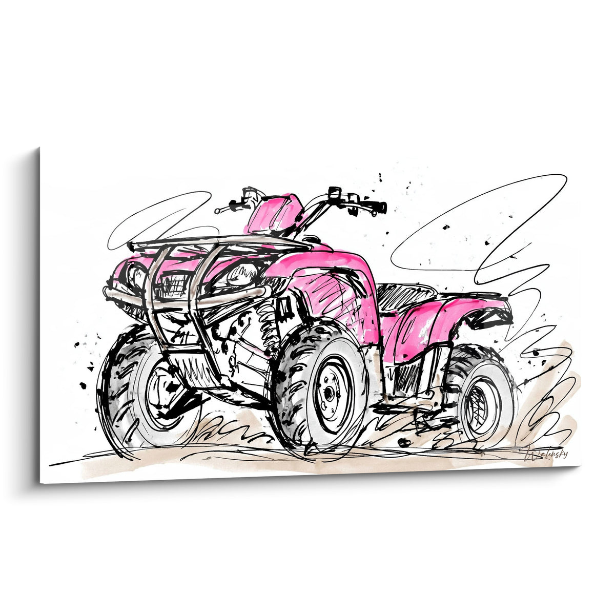Quad rose fauve dessiné à l'encre noire, roues massives, éclaboussures et volutes de poussière sur fond blanc