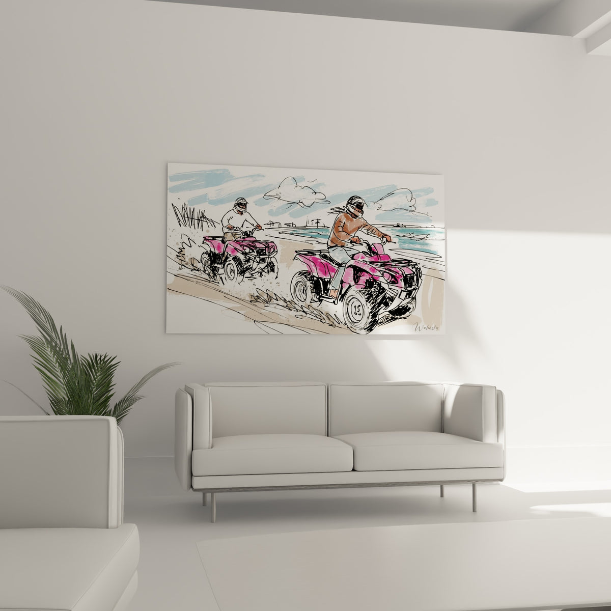 Pilotes casqués sur quads rose vif traversant une piste sablonneuse, au-dessus d'un canapé dans un salon lumineux
