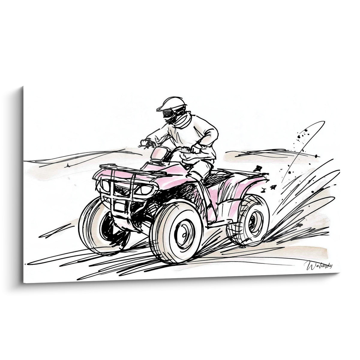 Pilote de quad rose et beige en pleine accélération, trait noir esquissé sur fond blanc