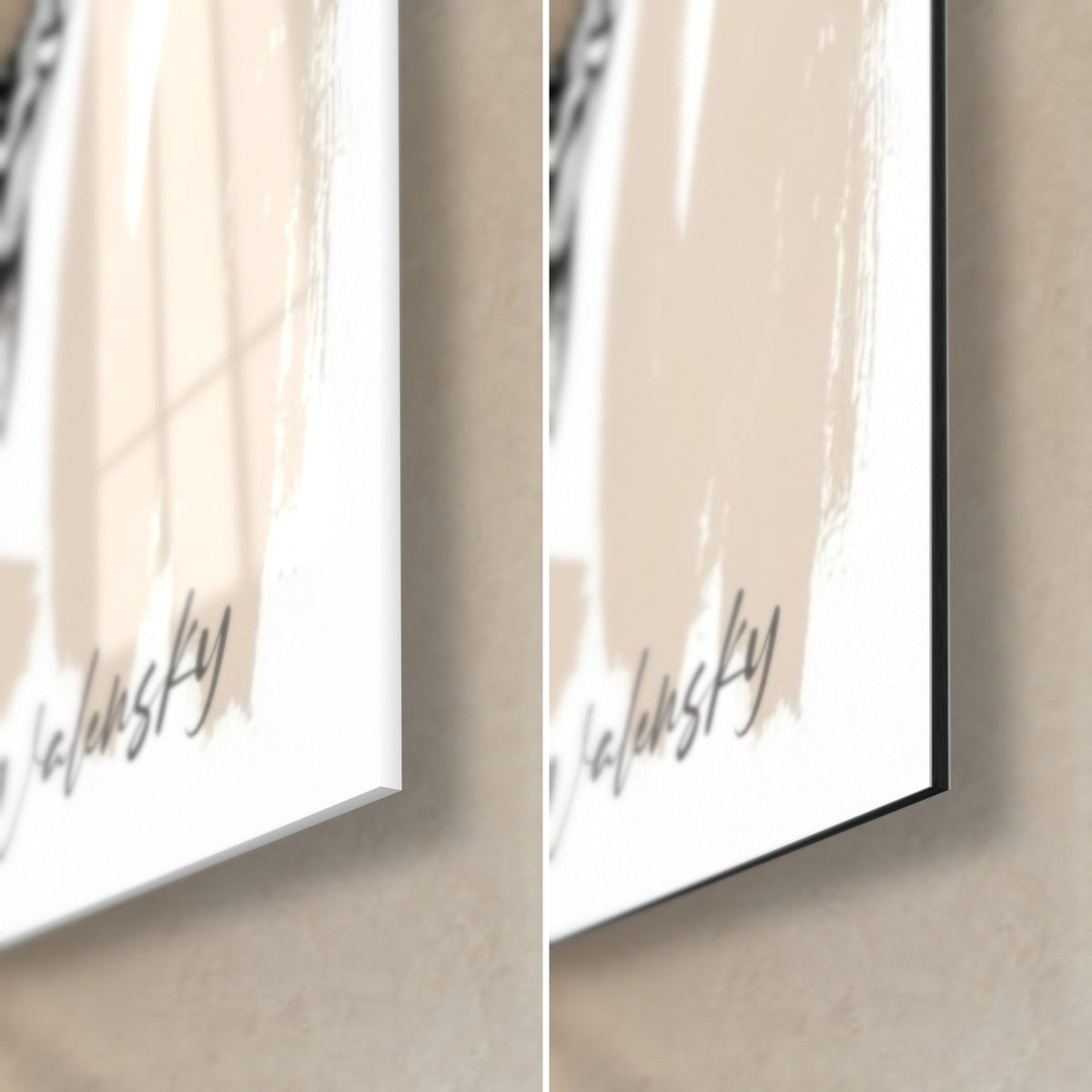 Wall art of a pink quad and a black helmet, bottom right corner: glossy acrylic glass on the left, matte Dibond aluminium on the right, 3 mm edge